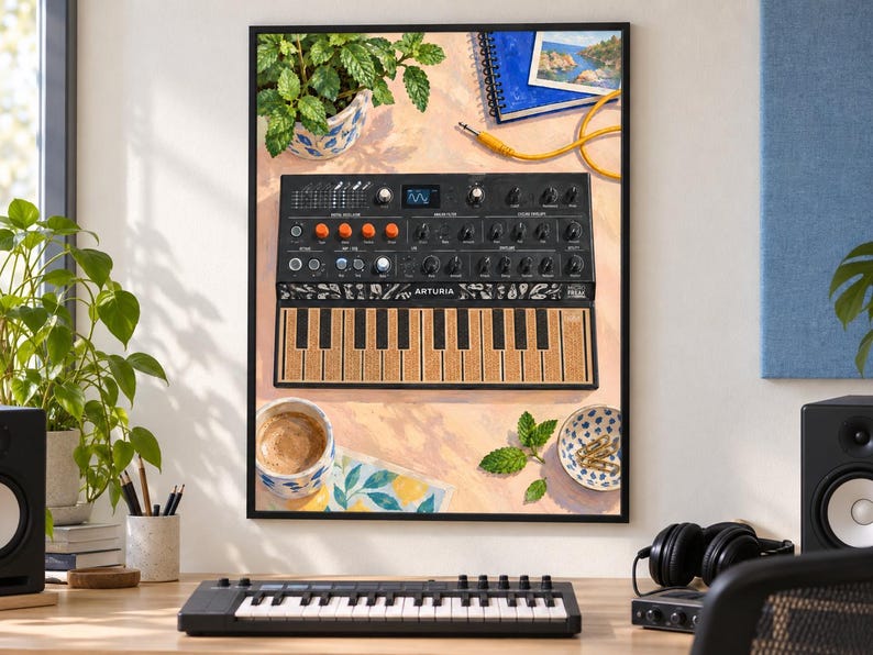 May include: A framed art print depicting an Arturia MicroFreak synthesizer with a black chassis, orange knobs, and a textured brown keyboard. The illustration includes a potted plant, a blue notebook, a coffee cup, and paper clips on a table.