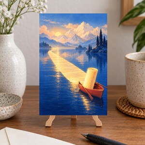 Op de afbeelding: Een rechthoekige kunstdruk op een kleine houten ezel met een landschapsschilderij van een rode roeiboot die een grote, rechtopstaande rol papier vervoert op een diepblauw meer, met een gouden zonlichtpad, bergen en bomen op de achtergrond.