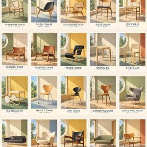 Op de afbeelding: Een raster van twintig meubelstukken, waaronder stoelen, krukken, banken en een trolley, elk gelabeld met de naam en ontwerper. De collectie toont diverse afwerkingen van hout, leer en stof in een lichte, zonnige binnenruimte.