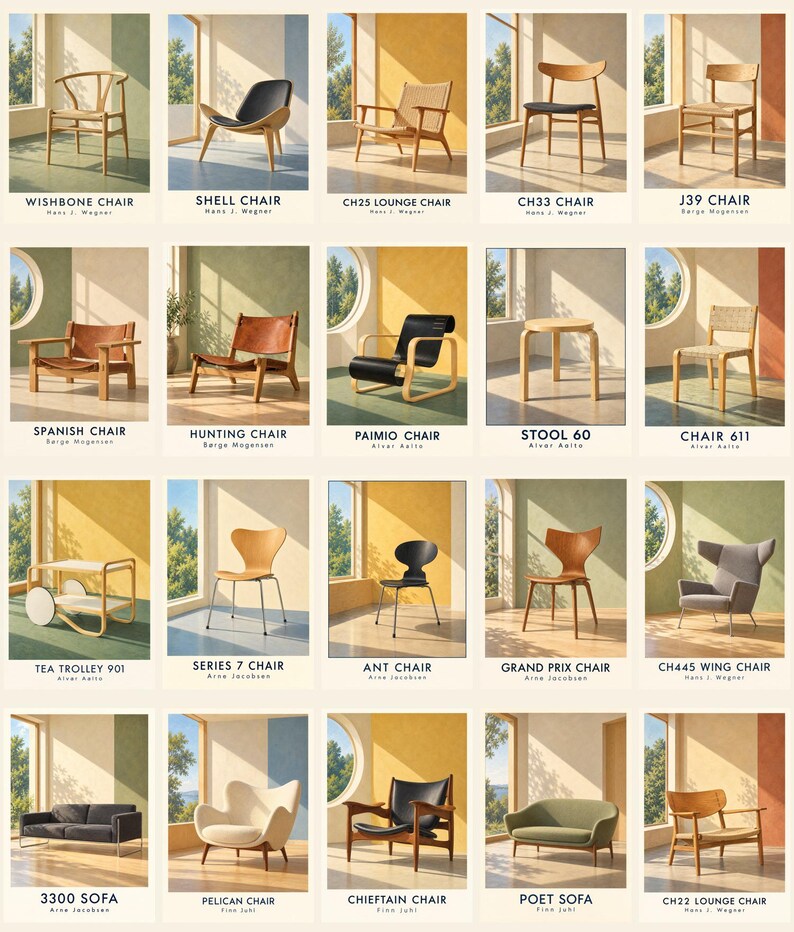 Op de afbeelding: Een raster van twintig meubelstukken, waaronder stoelen, krukken, banken en een trolley, elk gelabeld met de naam en ontwerper. De collectie toont diverse afwerkingen van hout, leer en stof in een lichte, zonnige binnenruimte.