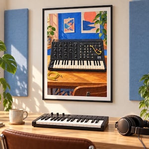 May include: A framed wall art print depicting a black Korg MS-20 synthesizer on a wooden desk, featuring a keyboard, control knobs, and a yellow patch cable. The artwork is displayed in a studio setting with a desk, a keyboard controller, and headphones.