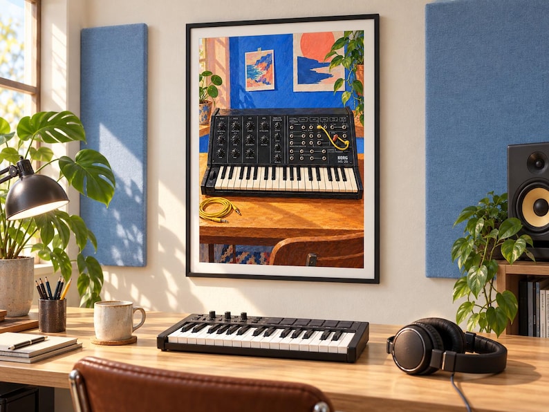 May include: A framed wall art print depicting a black Korg MS-20 synthesizer on a wooden desk, featuring a keyboard, control knobs, and a yellow patch cable. The artwork is displayed in a studio setting with a desk, a keyboard controller, and headphones.