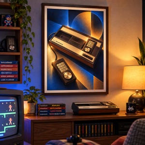 Puede incluir: Una impresi&oacute;n de arte mural enmarcada que muestra una consola de videojuegos vintage Intellivision y un mando con cable sobre un fondo geom&eacute;trico azul y dorado. La consola tiene un acabado de madera, un panel de control plateado y un teclado num&eacute;rico.