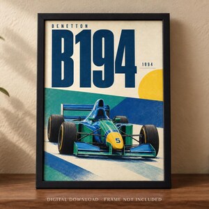 May include: A framed poster featuring a blue and green Benetton B194 Formula One race car with the number 5 on the nose. The text reads Benetton B194 1994. The background includes a yellow circle and geometric shapes in blue and teal colors.