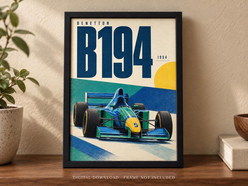 May include: A framed poster featuring a blue and green Benetton B194 Formula One race car with the number 5 on the nose. The text reads Benetton B194 1994. The background includes a yellow circle and geometric shapes in blue and teal colors.