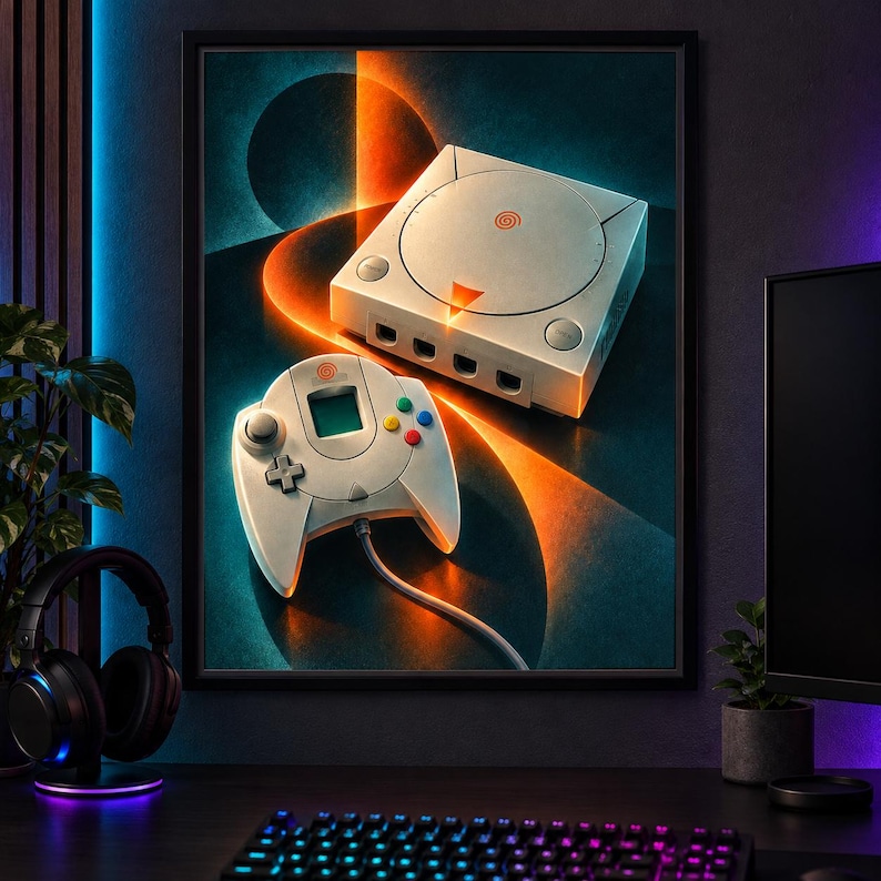 Puede incluir: Una impresi&oacute;n art&iacute;stica enmarcada que muestra una consola de juegos Sega Dreamcast blanca y un mando con cable a juego. La obra presenta un fondo oscuro con rayas de luz naranja y azul turquesa, resaltando el logotipo y los botones de la consola.