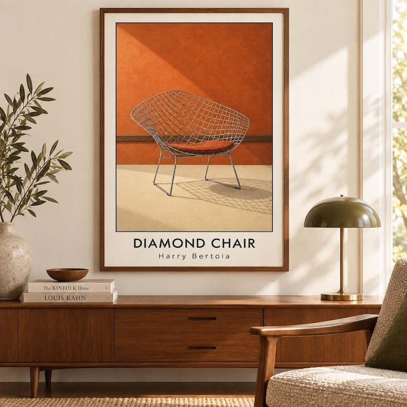 May include: A framed wall art print featuring a wire mesh Diamond Chair by Harry Bertoia. The artwork displays a metallic wire chair with a rust-colored seat cushion against a burnt orange wall and a light beige floor, with the text DIAMOND CHAIR.