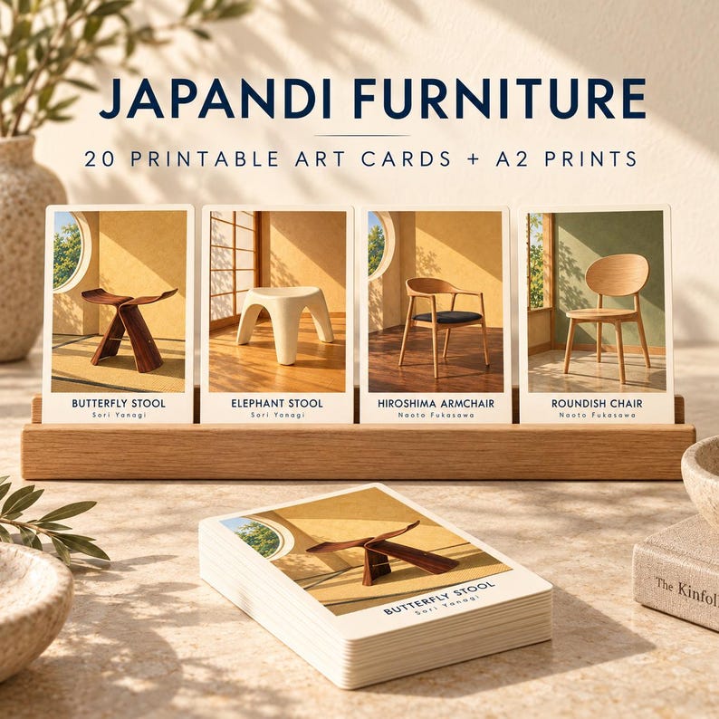 May include: A set of 20 printable art cards and A2 prints titled JAPANDI FURNITURE. The cards feature images of furniture including the Butterfly Stool, Elephant Stool, Hiroshima Armchair, and Roundish Chair, displayed in a wooden stand.