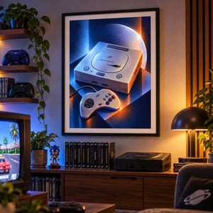 May include: A framed wall art print featuring a Sega Saturn game console and a matching controller. The artwork displays the console in a light grey colour with a circular logo, set against a dark blue background with a glowing crescent light.