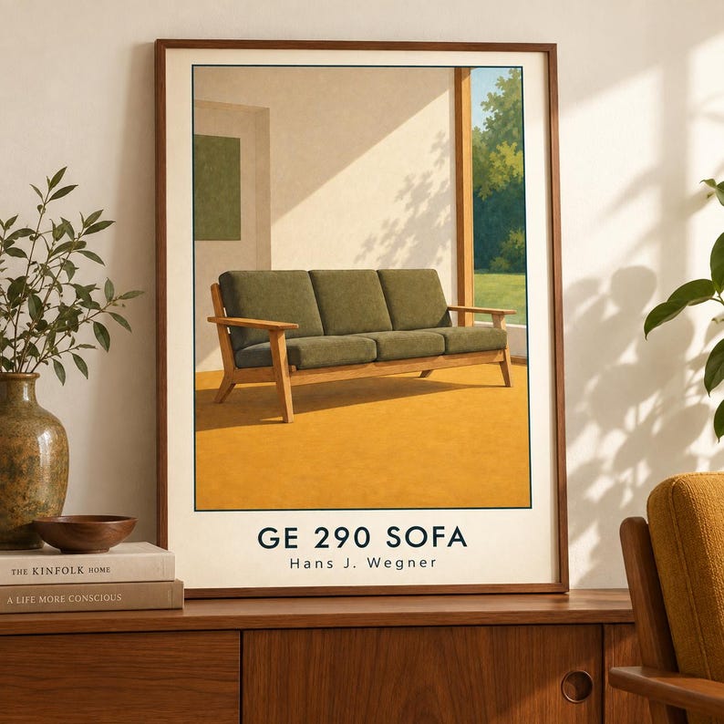 May include: A framed art print featuring a three-seat sofa with olive green cushions and a light wood frame. The illustration depicts the furniture in a sunlit room with a yellow floor and outdoor greenery. The text reads GE 290 SOFA Hans J. Wegner.