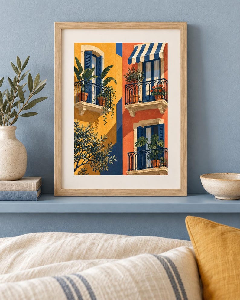 May include: A framed art print featuring a vertical illustration of Mediterranean-style building facades in vibrant yellow and orange. The scene depicts multiple balconies with blue shutters, black railings, potted plants, and a blue and white striped awning.
