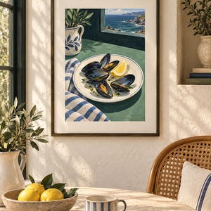 May include: A framed art print depicting a plate of dark blue mussels with a lemon wedge on a green surface, next to a blue and white striped cloth. The scene includes a white pitcher with blue patterns and a view of the sea through a window.