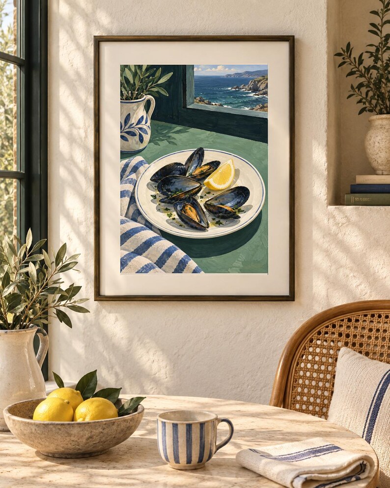 May include: A framed art print depicting a plate of dark blue mussels with a lemon wedge on a green surface, next to a blue and white striped cloth. The scene includes a white pitcher with blue patterns and a view of the sea through a window.