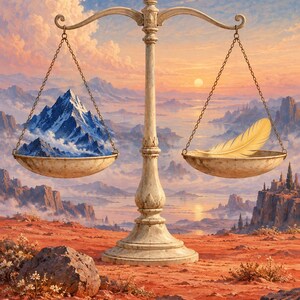 Puede incluir: Una balanza decorativa con un pilar central color piedra y un emblema solar en la parte superior. Dos platos met&aacute;licos cuelgan de cadenas; el plato izquierdo sostiene un pico de monta&ntilde;a nevado, mientras que el derecho sostiene una pluma clara.