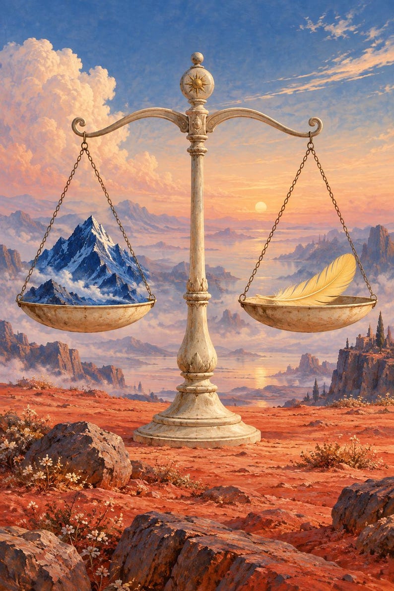 Puede incluir: Una balanza decorativa con un pilar central color piedra y un emblema solar en la parte superior. Dos platos met&aacute;licos cuelgan de cadenas; el plato izquierdo sostiene un pico de monta&ntilde;a nevado, mientras que el derecho sostiene una pluma clara.