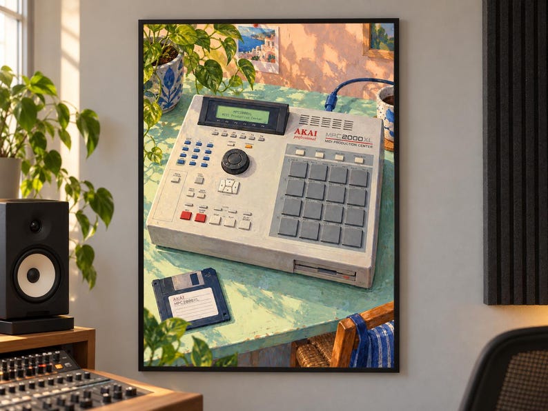 May include: An Akai MPC2000XL MIDI production center with a light gray casing, a grid of square pads, a central dial, and a digital display screen. A blue floppy disk labeled Akai sits on the table next to the music production hardware unit.
