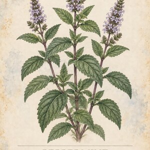 Op de afbeelding: Een botanische illustratie van een pepermuntplant, Mentha x piperita, met groene getande bladeren en drie verticale aren van kleine lila bloemen. De tekst luidt HERBARIUM MEDICINAL PLANTS 03/40, PEPPERMINT, en bevat een beschrijvende zin.