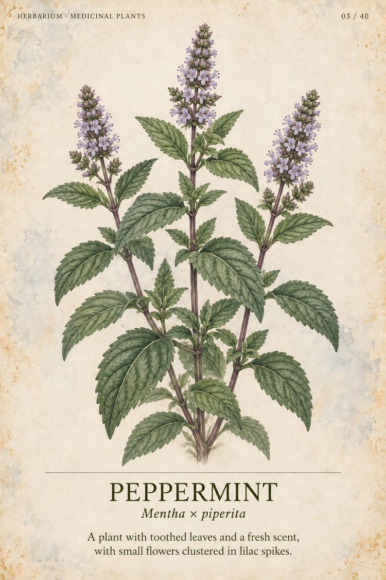 Op de afbeelding: Een botanische illustratie van een pepermuntplant, Mentha x piperita, met groene getande bladeren en drie verticale aren van kleine lila bloemen. De tekst luidt HERBARIUM MEDICINAL PLANTS 03/40, PEPPERMINT, en bevat een beschrijvende zin.