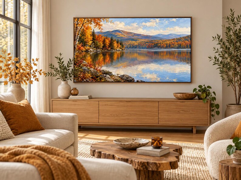 Pode incluir: Uma televis&atilde;o retangular montada na parede exibindo uma pintura de paisagem de um lago cercado por &aacute;rvores de outono com folhagem laranja e amarela, contra um fundo de montanhas azuis distantes sob um c&eacute;u brilhante com nuvens brancas.