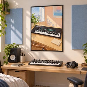 May include: A black MIDI keyboard controller with white and black keys, multiple knobs, and sliders, positioned on a light wood desk. A framed wall art print displays a similar keyboard in a sunlit room, accompanied by studio speakers and a guitar.