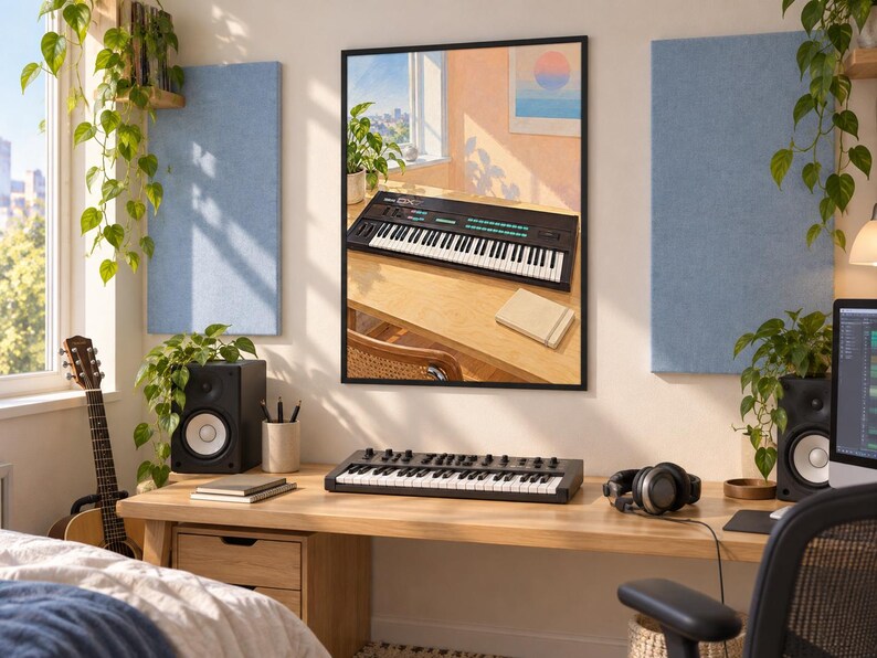 May include: A black MIDI keyboard controller with white and black keys, multiple knobs, and sliders, positioned on a light wood desk. A framed wall art print displays a similar keyboard in a sunlit room, accompanied by studio speakers and a guitar.