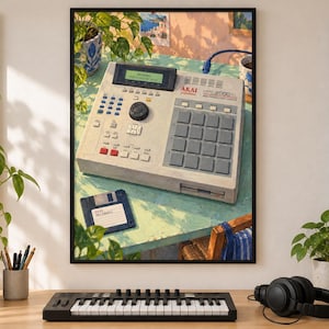 May include: A framed art print depicting an Akai MPC 2000XL MIDI production center in a light gray finish with a grid of square pads, a central dial, and a digital display screen, accompanied by a dark blue floppy disk on a green table surface.