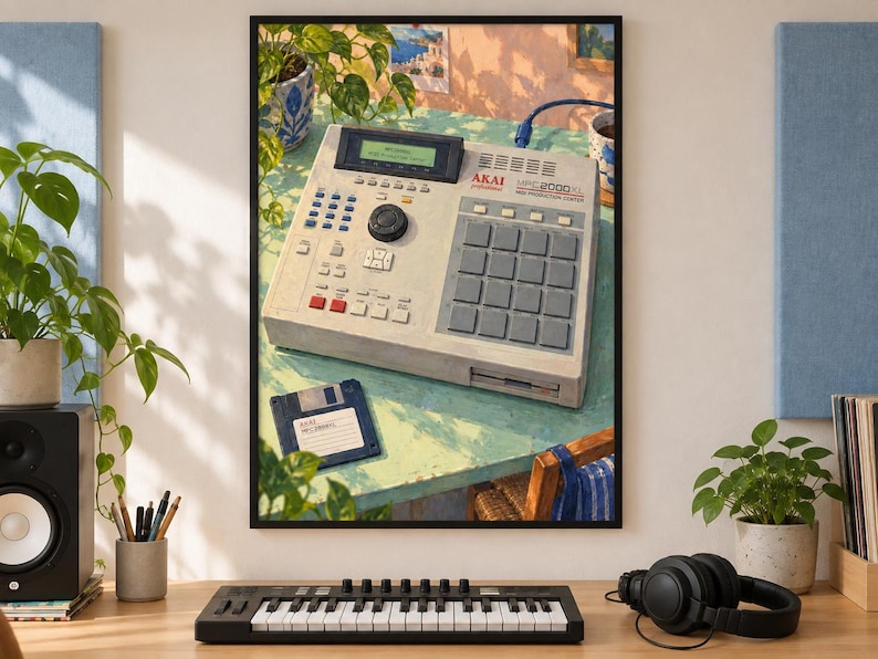 May include: A framed art print depicting an Akai MPC 2000XL MIDI production center in a light gray finish with a grid of square pads, a central dial, and a digital display screen, accompanied by a dark blue floppy disk on a green table surface.