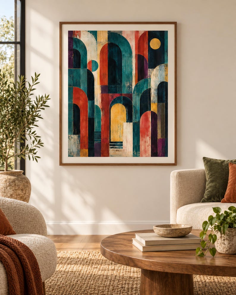 Pode incluir: Uma impress&atilde;o de arte de parede emoldurada com uma composi&ccedil;&atilde;o abstrata de arcos geom&eacute;tricos sobrepostos em azul-petr&oacute;leo profundo, laranja queimado, amarelo mostarda e roxo escuro. O design inclui linhas verticais e um motivo de sol amarelo.