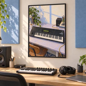 Pode incluir: Uma impress&atilde;o de arte de parede emoldurada retratando um sintetizador Korg M1 preto em uma mesa, em um est&uacute;dio de m&uacute;sica com mesa de madeira, teclado MIDI preto, fones de ouvido pretos, alto-falante e plantas verdes em primeiro plano.