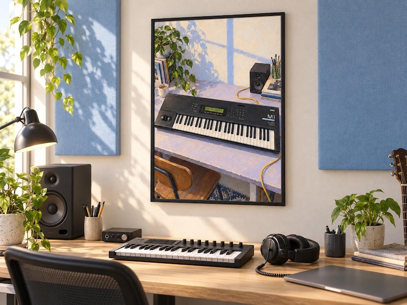 Pode incluir: Uma impress&atilde;o de arte de parede emoldurada retratando um sintetizador Korg M1 preto em uma mesa, em um est&uacute;dio de m&uacute;sica com mesa de madeira, teclado MIDI preto, fones de ouvido pretos, alto-falante e plantas verdes em primeiro plano.