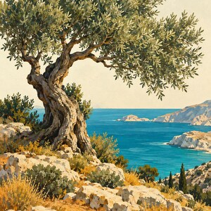 May include: A painting of a gnarled olive tree with textured bark and green leaves situated on a rocky, sun-drenched hillside overlooking a deep blue sea. The landscape features jagged white cliffs, sparse yellow shrubs, and distant coastal terrain.