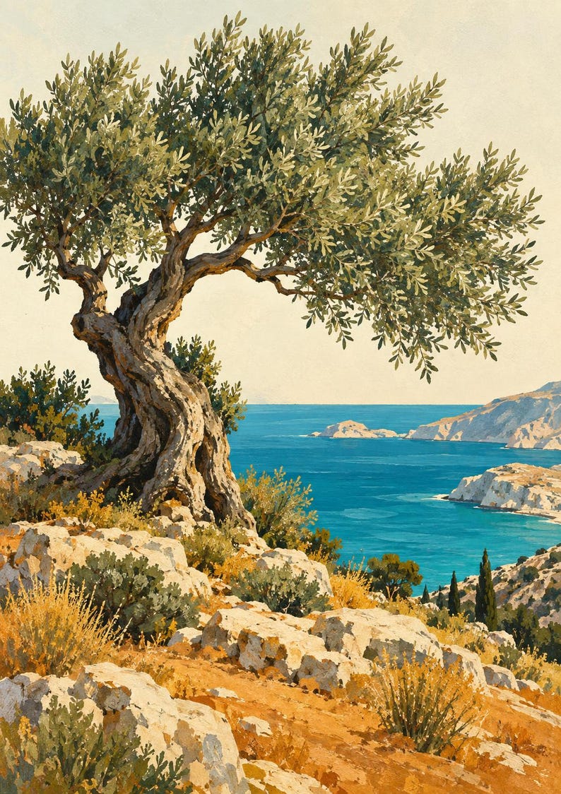 May include: A painting of a gnarled olive tree with textured bark and green leaves situated on a rocky, sun-drenched hillside overlooking a deep blue sea. The landscape features jagged white cliffs, sparse yellow shrubs, and distant coastal terrain.