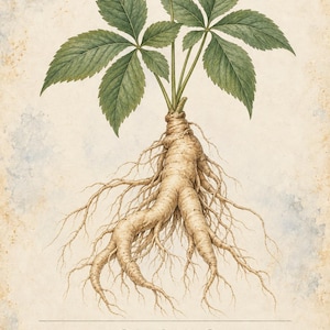 Może przedstawiać: Botaniczna ilustracja rośliny Panax ginseng z grubym, rozgałęzionym beżowym systemem korzeniowym, zielonymi dłoniastymi liśćmi i kiścią małych czerwonych jag&oacute;d. Tekst zawiera napis HERBARIO PLANTAS MEDICINALES 33/40 GINSENG Panax ginseng.