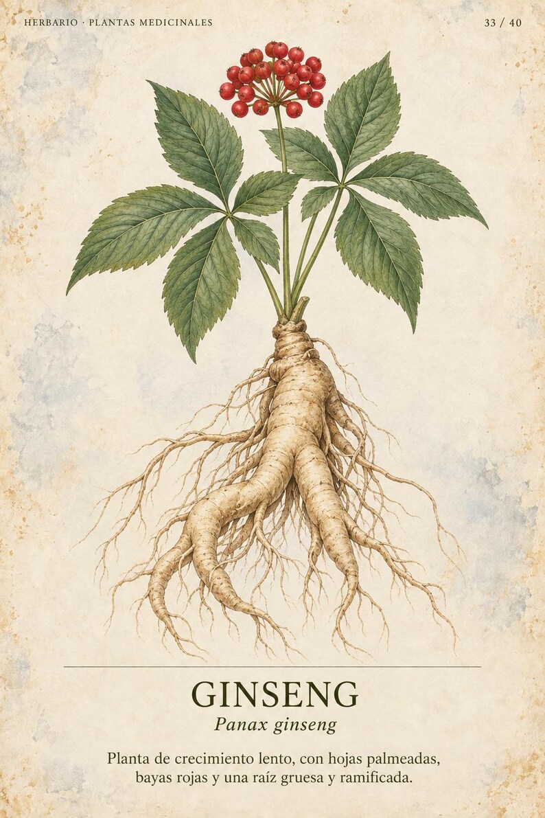 Może przedstawiać: Botaniczna ilustracja rośliny Panax ginseng z grubym, rozgałęzionym beżowym systemem korzeniowym, zielonymi dłoniastymi liśćmi i kiścią małych czerwonych jag&oacute;d. Tekst zawiera napis HERBARIO PLANTAS MEDICINALES 33/40 GINSENG Panax ginseng.