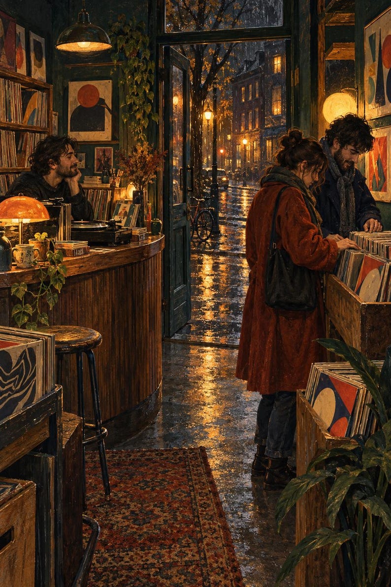 Może przedstawiać: Wnętrze sklepu muzycznego z drewnianymi p&oacute;łkami wypełnionymi płytami winylowymi, zakrzywioną drewnianą ladą z lampą, czarnym stołkiem oraz drzwiami wychodzącymi na deszczową ulicę nocą z jarzącymi się latarniami i rowerem.