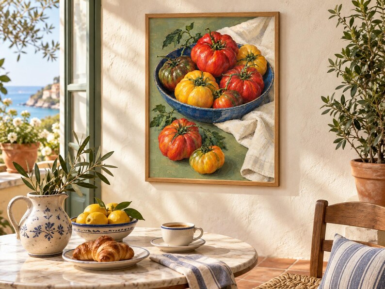 May include: A framed wall art print depicting a blue bowl filled with various heirloom tomatoes in shades of red, yellow, and green, with two additional tomatoes resting on a green surface next to a white cloth draped under the bowl.