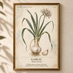 May include: A framed botanical print featuring a garlic plant with long green leaves, a white flower cluster, and a bulb with roots. The text reads HERBARIUM MEDICINAL PLANTS 37/40, GARLIC, Allium sativum, and a description of the plant.