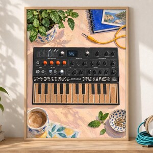 May include: A framed art print featuring a black Arturia MicroFreak synthesizer with orange knobs and a textured keyboard. The scene includes a potted plant, a blue notebook, a yellow cable, a cup of coffee, and a small bowl with paper clips.