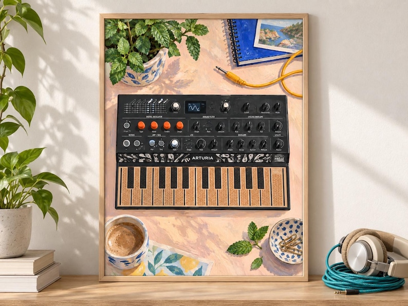 May include: A framed art print featuring a black Arturia MicroFreak synthesizer with orange knobs and a textured keyboard. The scene includes a potted plant, a blue notebook, a yellow cable, a cup of coffee, and a small bowl with paper clips.
