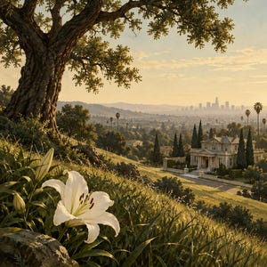 May include: A landscape print featuring a large oak tree on a grassy hill with a white lily in the foreground. Below the hill sits a large house with a city skyline in the distance. The text Six Feet Under and 2001 is printed at the bottom.