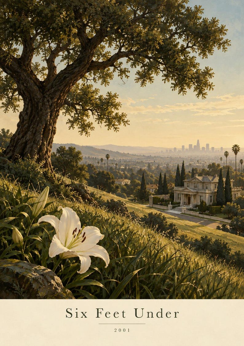 May include: A landscape print featuring a large oak tree on a grassy hill with a white lily in the foreground. Below the hill sits a large house with a city skyline in the distance. The text Six Feet Under and 2001 is printed at the bottom.