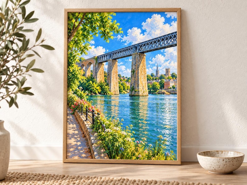 May include: A framed landscape painting depicting a stone and metal railway viaduct spanning a wide blue river. The scene includes a sunlit stone walkway with green foliage and flowers in the foreground, set against a bright blue sky with clouds.