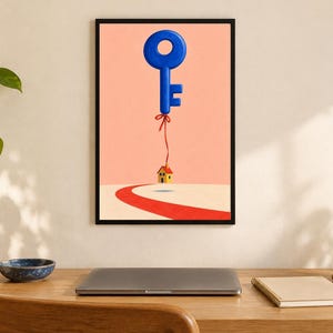 May include: A framed wall art print featuring a large blue key floating in a peach-colored sky, tied by a red string to a small yellow house with a red roof that hovers slightly above a curved red path on a light-colored ground surface.