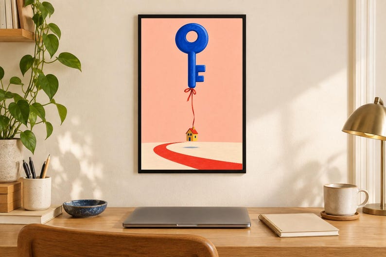 May include: A framed wall art print featuring a large blue key floating in a peach-colored sky, tied by a red string to a small yellow house with a red roof that hovers slightly above a curved red path on a light-colored ground surface.