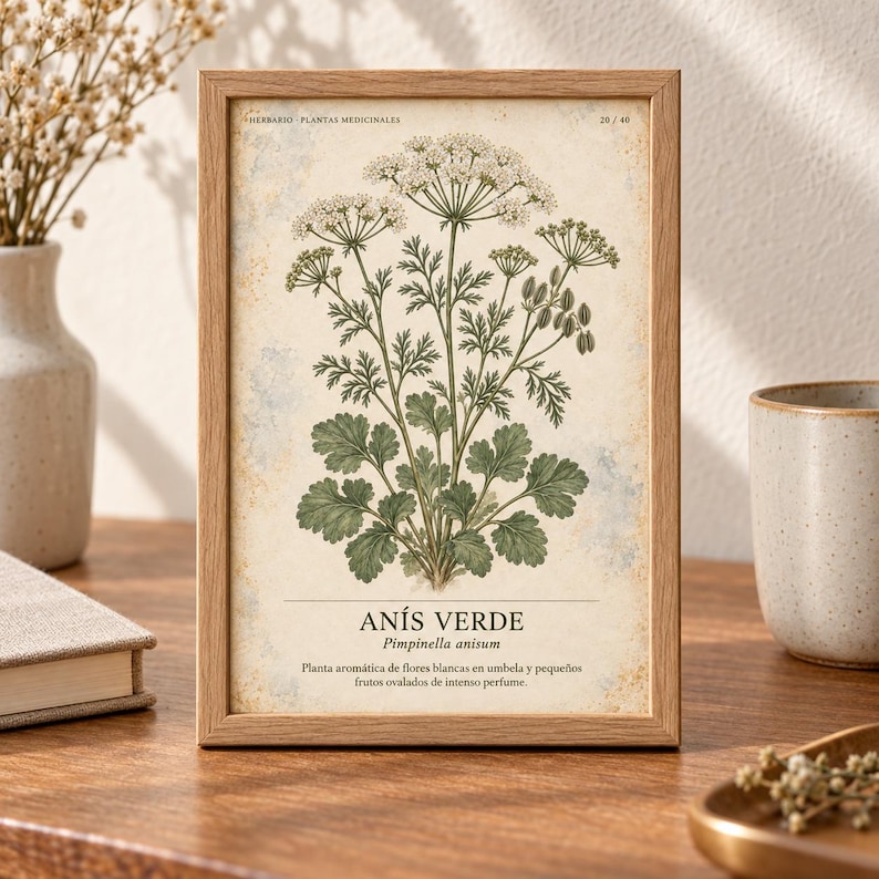K&ouml;nnte beinhalten: Ein rechteckiger Holzrahmen mit einem botanischen Druck einer An&iacute;s Verde-Pflanze. Die Illustration zeigt gr&uuml;ne Bl&auml;tter und wei&szlig;e Bl&uuml;ten mit dem Text "HERBARIO PLANTAS MEDICINALES", "AN&Iacute;S VERDE", "Pimpinella anisum" sowie einer Beschreibung.