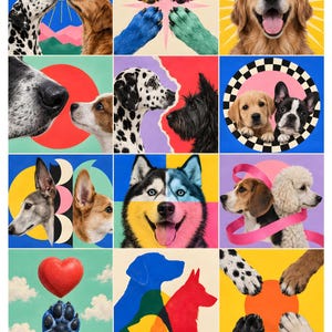 Puede incluir: Un collage de m&uacute;ltiples paneles con varias razas de perros, huellas de patas coloridas, siluetas y elementos gr&aacute;ficos que incluyen un sol, un coraz&oacute;n y patrones geom&eacute;tricos. La obra muestra perros en vistas de perfil y retrato con colores vibrantes.