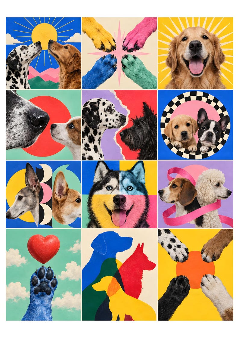 Puede incluir: Un collage de m&uacute;ltiples paneles con varias razas de perros, huellas de patas coloridas, siluetas y elementos gr&aacute;ficos que incluyen un sol, un coraz&oacute;n y patrones geom&eacute;tricos. La obra muestra perros en vistas de perfil y retrato con colores vibrantes.