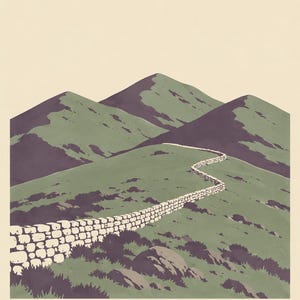 Pu&ograve; includere: Una stampa d'arte grafica che raffigura colline verdi ondulate e cime montuose viola scuro sotto un cielo color crema. Un muro di pietra si snoda attraverso il paesaggio verso le montagne. La parola DOWN &egrave; stampata in lettere scure in basso.