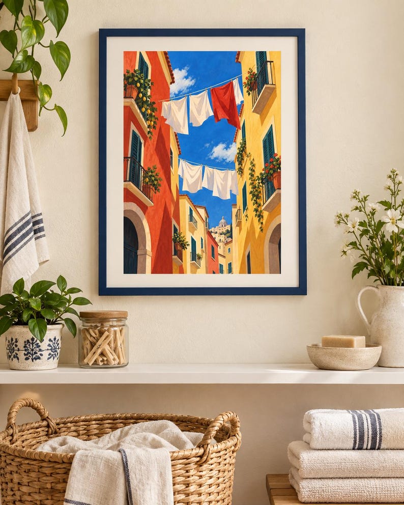 Op de afbeelding: Een ingelijste kunstdruk met een levendig straatbeeld tussen hoge rode en gele gebouwen, met wasgoed aan lijnen tegen een helderblauwe lucht. Het kunstwerk is geplaatst in een donkerblauwe lijst en vangt een zonnige mediterrane sfeer.