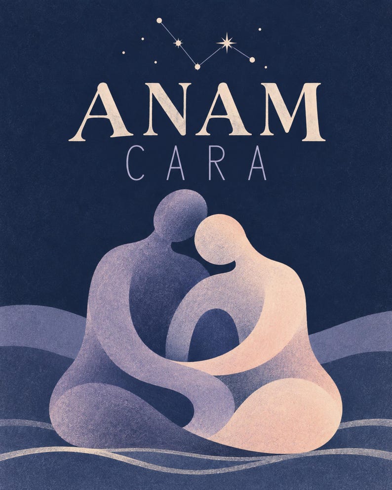May include: A dark blue graphic print featuring two stylized, faceless figures embracing in a seated position. The figures are rendered in shades of purple and cream with a textured finish. Above them, the text ANAM CARA appears below a constellation.